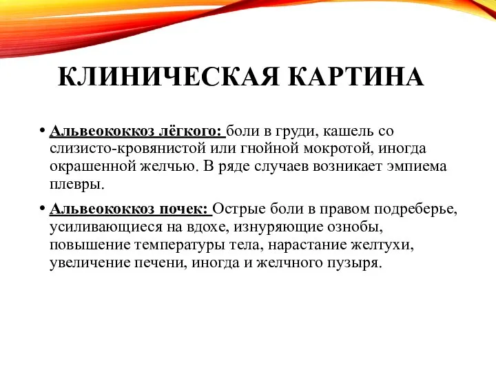 КЛИНИЧЕСКАЯ КАРТИНА Альвеококкоз лёгкого: боли в груди, кашель со слизисто-кровянистой или