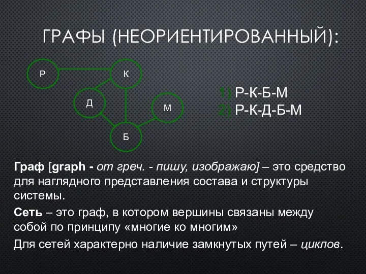 ГРАФЫ (НЕОРИЕНТИРОВАННЫЙ): 1) Р-К-Б-М 2) Р-К-Д-Б-М Граф [graph - от греч.