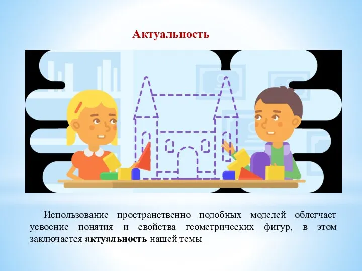 Актуальность Использование пространственно подобных моделей облегчает усвоение понятия и свойства геометрических