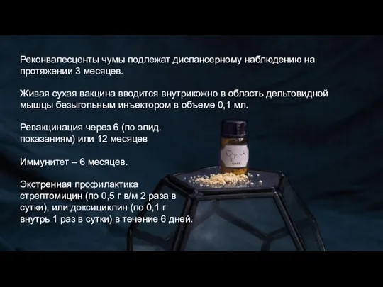 Реконвалесценты чумы подлежат диспансерному наблюдению на протяжении 3 месяцев. Живая сухая