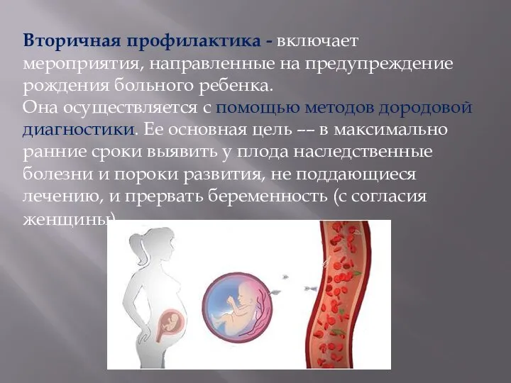 Вторичная профилактика - включает мероприятия, направленные на предупреждение рождения больного ребенка.