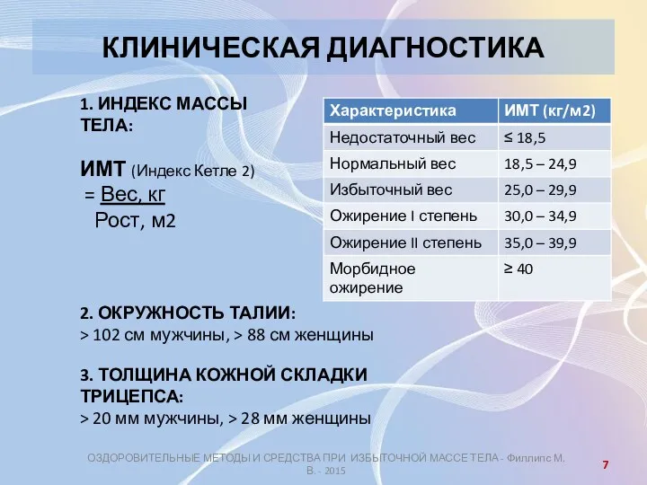 КЛИНИЧЕСКАЯ ДИАГНОСТИКА ОЗДОРОВИТЕЛЬНЫЕ МЕТОДЫ И СРЕДСТВА ПРИ ИЗБЫТОЧНОЙ МАССЕ ТЕЛА -