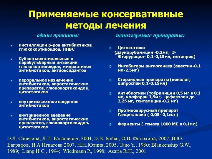 Применяемые консервативные методы лечения общие принципы: инстилляции р-ров антибиотиков, глюкокортикоидов, НПВС