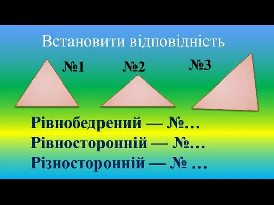 Встановити відповідність №1 №2 №3 Рівнобедрений — №… Рівносторонній — №… Різносторонній — № …