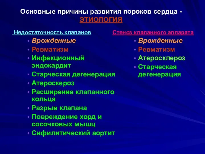 Основные причины развития пороков сердца - ЭТИОЛОГИЯ Недостаточность клапанов Врожденные Ревматизм