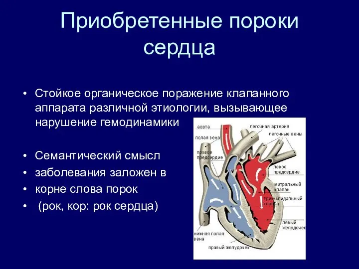 Приобретенные пороки сердца Стойкое органическое поражение клапанного аппарата различной этиологии, вызывающее