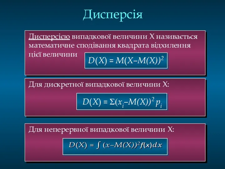 Дисперсією випадкової величини Х називається математичне сподівання квадрата відхилення цієї величини