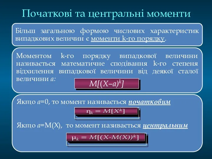 Початкові та центральні моменти M[(Х–a)k]