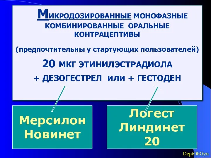 МИКРОДОЗИРОВАННЫЕ МОНОФАЗНЫЕ КОМБИНИРОВАННЫЕ ОРАЛЬНЫЕ КОНТРАЦЕПТИВЫ (предпочтительны у стартующих пользователей) 20 МКГ