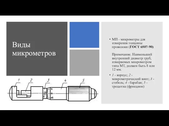 Виды микрометров МП - микрометры для измерения толщины проволоки (ГОСТ 6507-90)