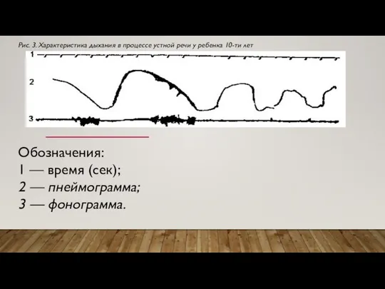 Обозначения: 1 — время (сек); 2 — пнеймограмма; 3 — фонограмма.