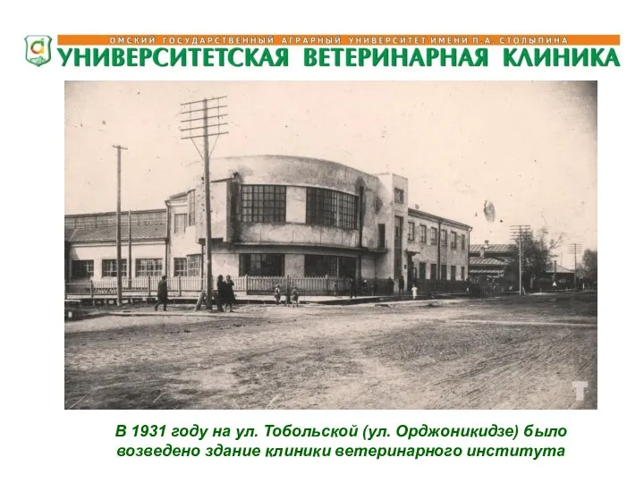 В 1931 году на ул. Тобольской (ул. Орджоникидзе) было возведено здание клиники ветеринарного института