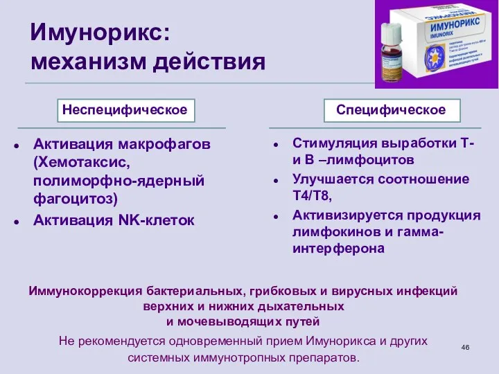 Имунорикс: механизм действия Активация макрофагов (Хемотаксис, полиморфно-ядерный фагоцитоз) Активация NK-клеток Стимуляция