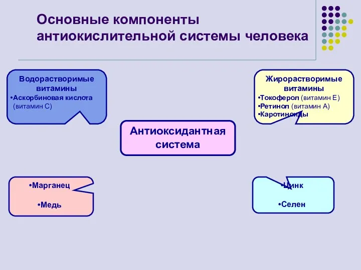 Основные компоненты антиокислительной системы человека Антиоксидантная система Жирорастворимые витамины Токоферол (витамин