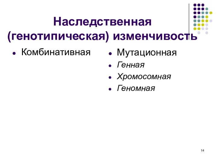 Наследственная (генотипическая) изменчивость Комбинативная Мутационная Генная Хромосомная Геномная