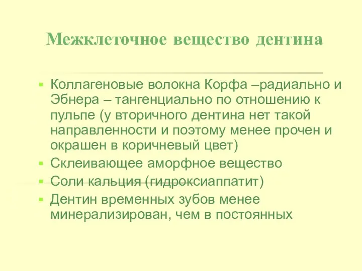 Межклеточное вещество дентина Коллагеновые волокна Корфа –радиально и Эбнера – тангенциально