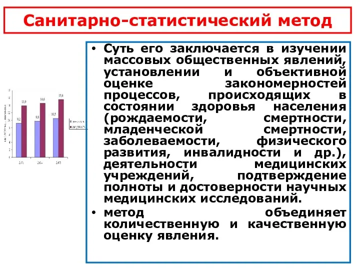 Санитарно-статистический метод Суть его заключается в изучении массовых общественных явлений, установлении