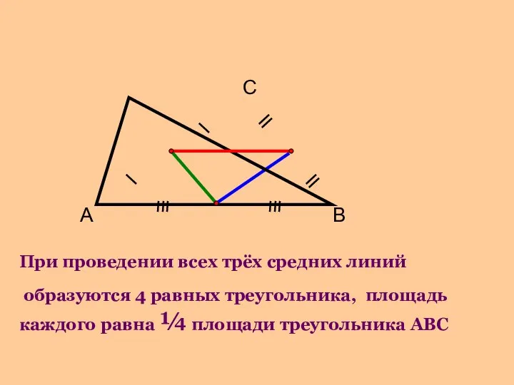 А С В При проведении всех трёх средних линий образуются 4