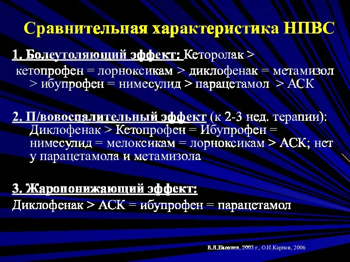 Сравнительная характеристика НПВС 1. Болеутоляющий эффект: Кеторолак > кетопрофен = лорноксикам