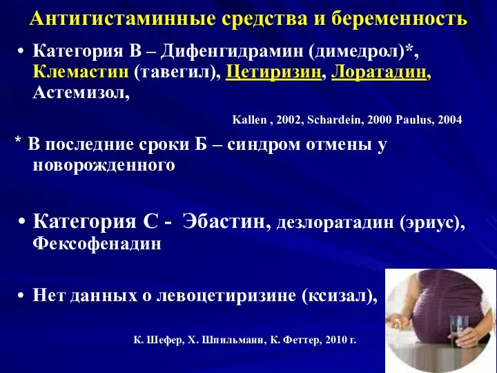 Антигистаминные средства и беременность Категория В – Дифенгидрамин (димедрол)*, Клемастин (тавегил),