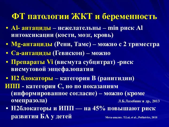 ФТ патологии ЖКТ и беременность Al- антациды – нежелательны – min