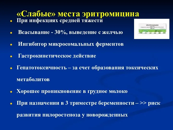 «Слабые» места эритромицина При инфекциях средней тяжести Всасывание - 30%, выведение