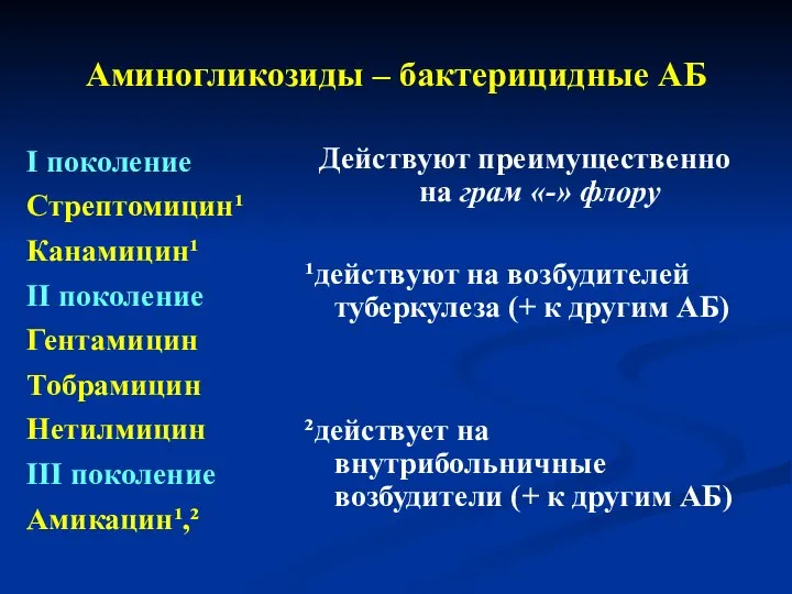 Аминогликозиды – бактерицидные АБ I поколение Стрептомицин¹ Канамицин¹ II поколение Гентамицин