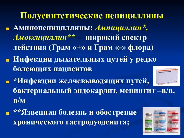 Полусинтетические пенициллины Аминопенициллины: Ампициллин*, Амоксициллин** – широкий спектр действия (Грам «+»