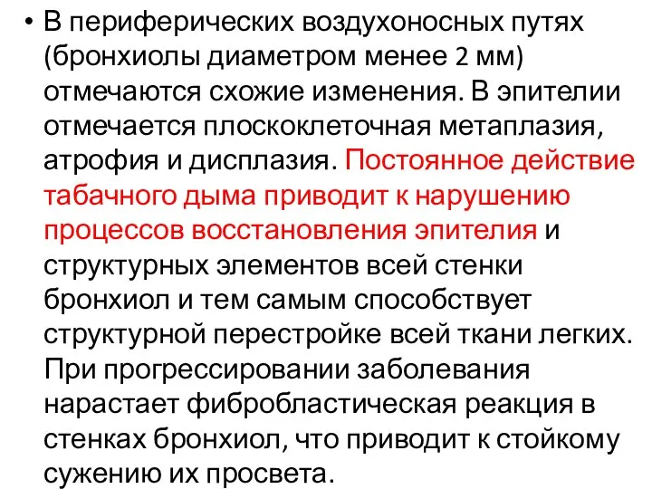 В периферических воздухоносных путях (бронхиолы диаметром менее 2 мм) отмечаются схожие