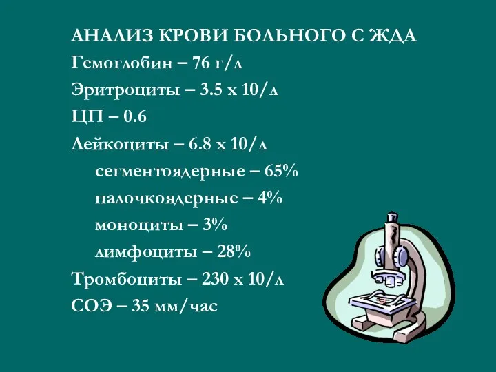 АНАЛИЗ КРОВИ БОЛЬНОГО С ЖДА Гемоглобин – 76 г/л Эритроциты –