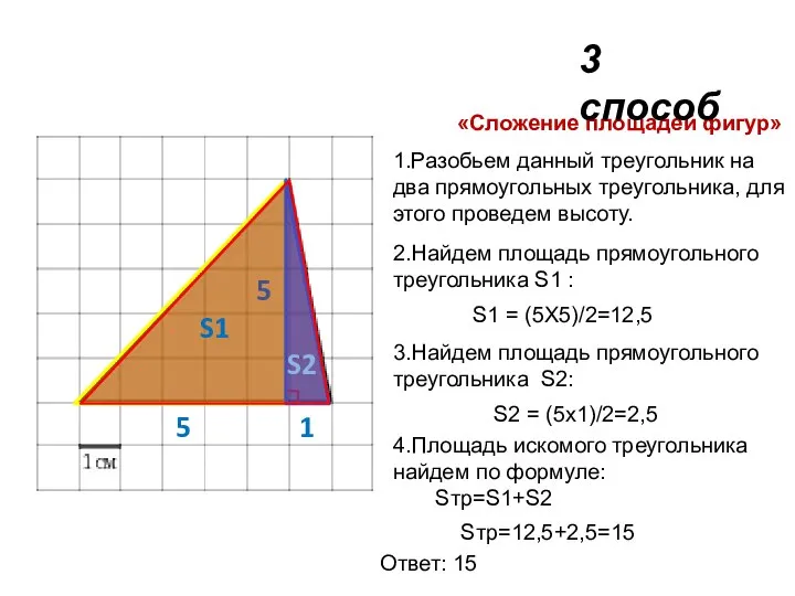 «Сложение площадей фигур» 1.Разобьем данный треугольник на два прямоугольных треугольника, для