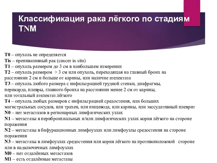 Классификация рака лёгкого по стадиям ТNМ Т0 – опухоль не определяется