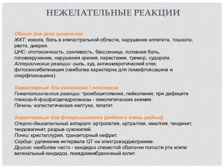 Общие для всех хинолонов ЖКТ: изжога, боль в эпигастральной области, нарушение