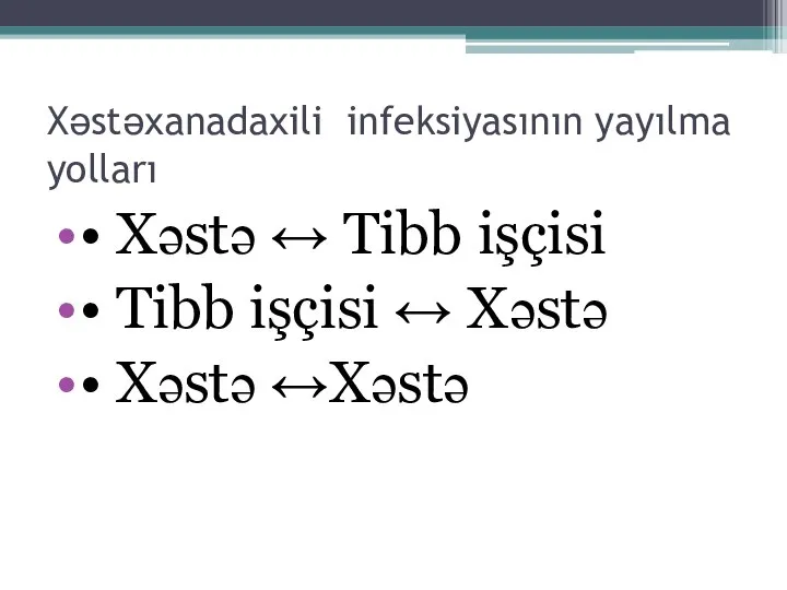 Xəstəxanadaxili infeksiyasının yayılma yolları • Xəstə ↔ Tibb işçisi • Tibb