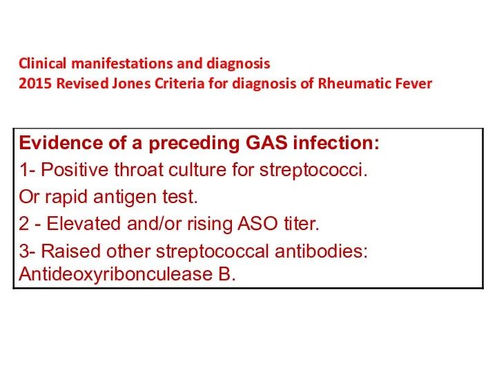 Clinical manifestations and diagnosis 2015 Revised Jones Criteria for diagnosis of Rheumatic Fever