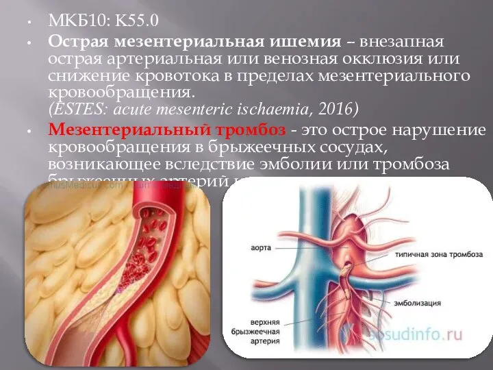 МКБ10: K55.0 Острая мезентериальная ишемия – внезапная острая артериальная или венозная