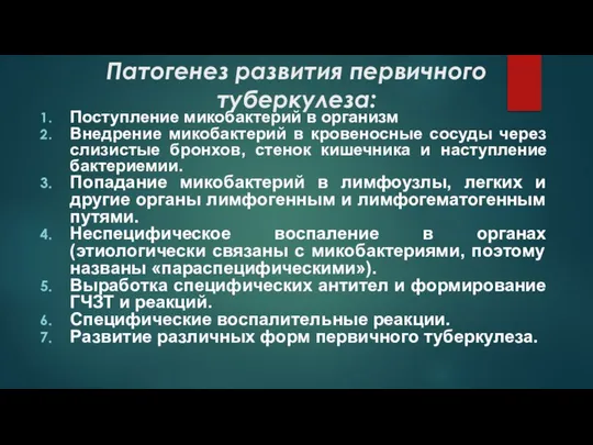 Патогенез развития первичного туберкулеза: Поступление микобактерий в организм Внедрение микобактерий в