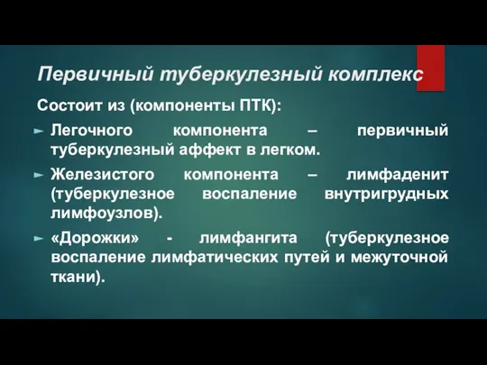 Первичный туберкулезный комплекс Состоит из (компоненты ПТК): Легочного компонента – первичный