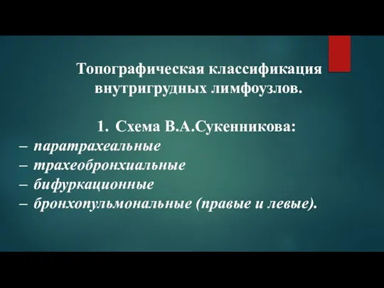 Топографическая классификация внутригрудных лимфоузлов. Схема В.А.Сукенникова: паратрахеальные трахеобронхиальные бифуркационные бронхопульмональные (правые и левые).