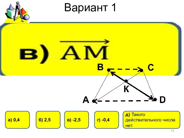 Вариант 1 в) -2,5 г) -0,4 б) 2,5 а) 0,4 д) Такого действительного числа нет