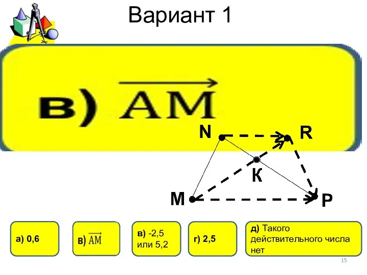 Вариант 1 д) Такого действительного числа нет г) 2,5 а) 0,6 в) -2,5 или 5,2