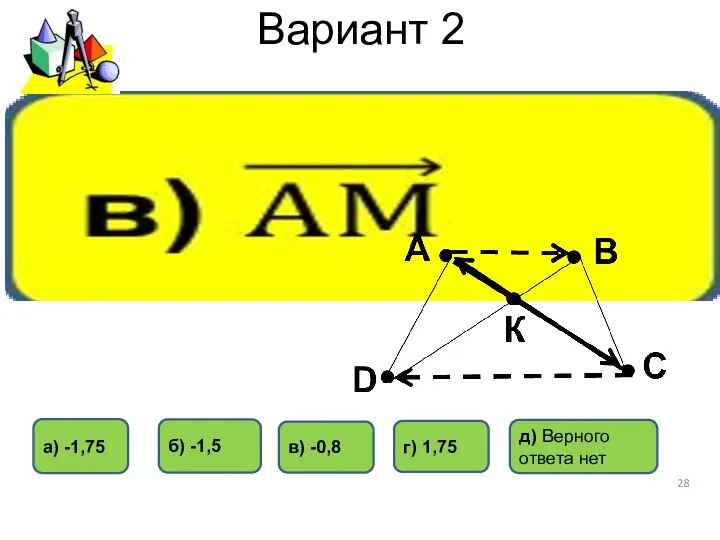 Вариант 2 а) -1,75 в) -0,8 б) -1,5 г) 1,75 д) Верного ответа нет