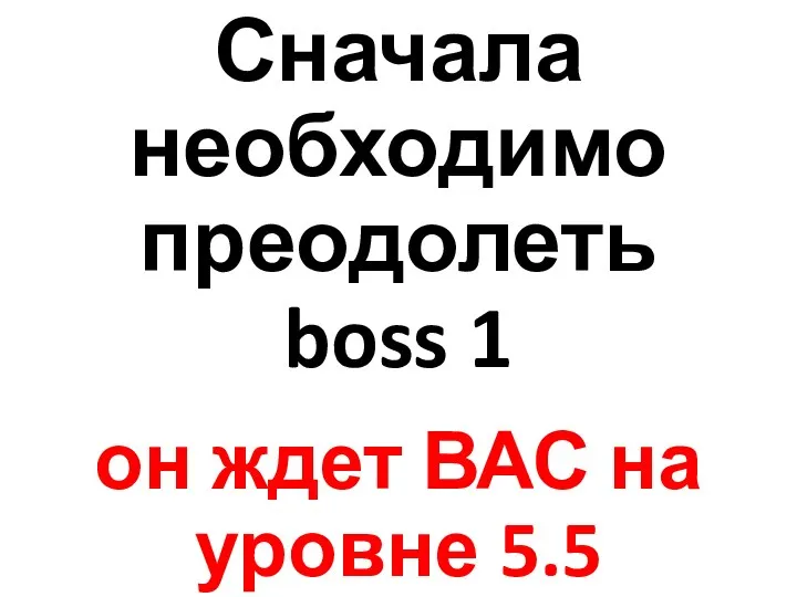 Сначала необходимо преодолеть boss 1 он ждет ВАС на уровне 5.5