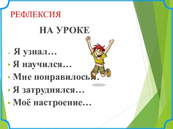 РЕФЛЕКСИЯ НА УРОКЕ Я узнал… Я научился… Мне понравилось… Я затруднялся… Моё настроение…