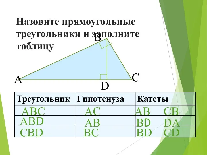 Назовите прямоугольные треугольники и заполните таблицу ABC ABD CBD AC AB