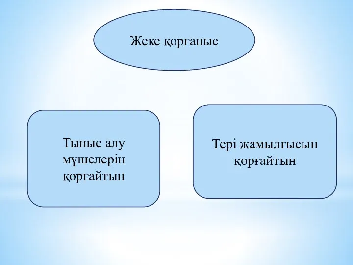 Тері жамылғысын қорғайтын Тыныс алу мүшелерін қорғайтын Жеке қорғаныс