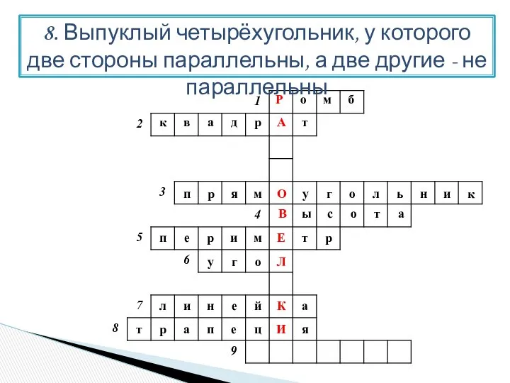 8. Выпуклый четырёхугольник, у которого две стороны параллельны, а две другие - не параллельны