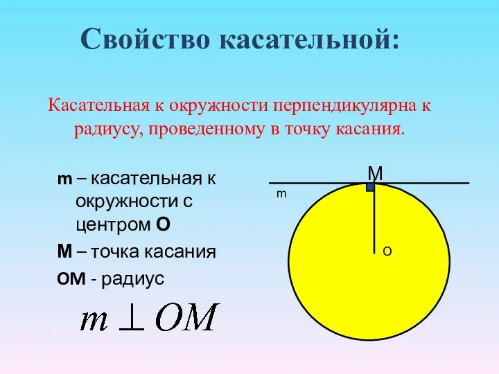 Свойство касательной: Касательная к окружности перпендикулярна к радиусу, проведенному в точку