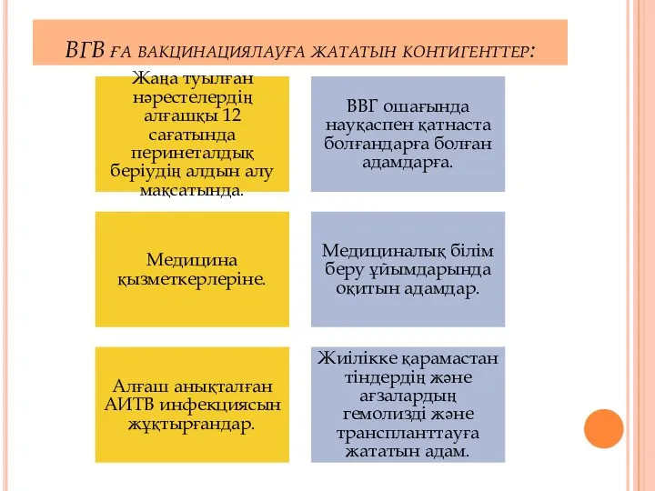 ВГВ ға вакцинациялауға жататын контигенттер: Жаңа туылған нәрестелердің алғашқы 12 сағатында