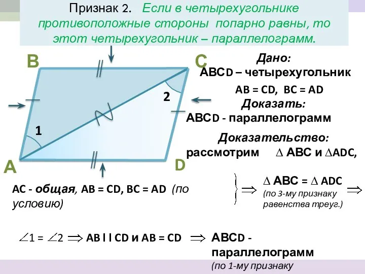 Признак 2. Если в четырехугольнике противоположные стороны попарно равны, то этот